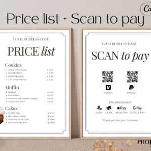 This bundle includes a Bakery Price List and Scan-to-Pay template, perfect for showcasing your delicious home-baked goods at your local market.